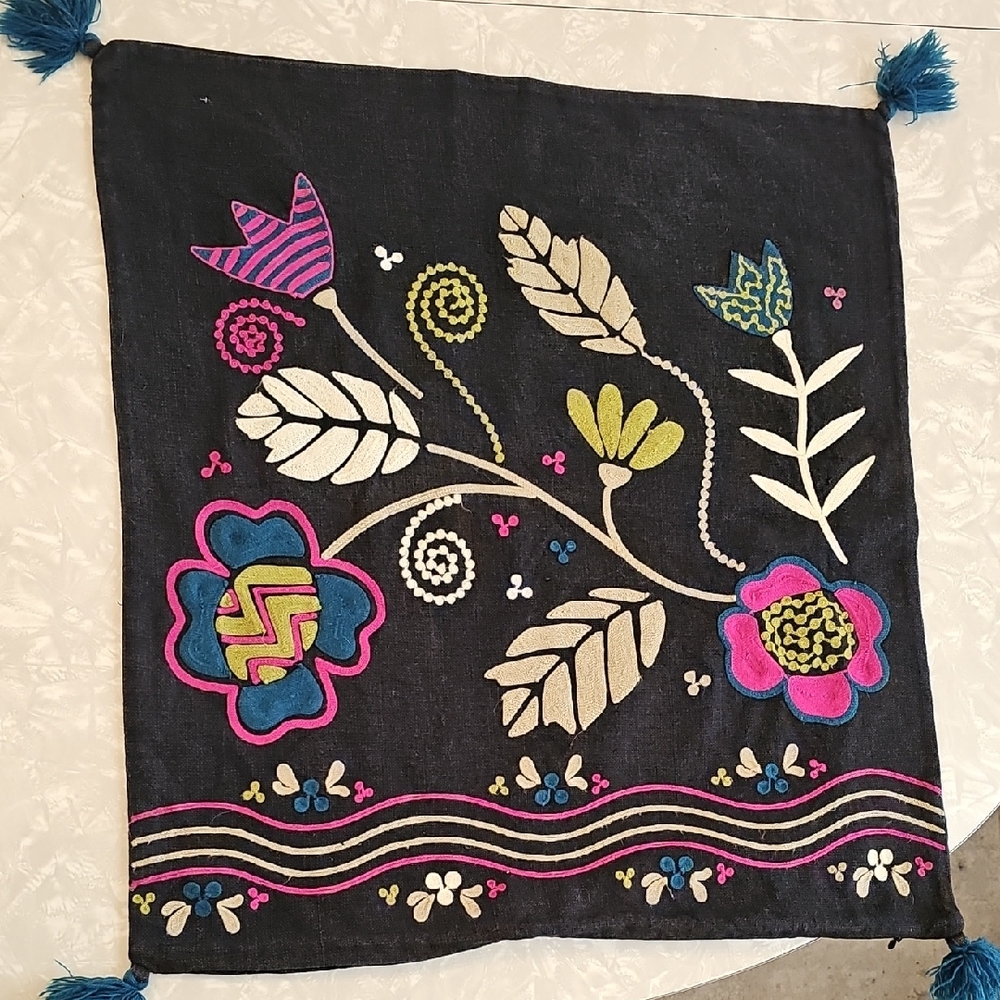 Pillow Gudrun Sjoden Black Tapestry with Pink, Teal and Cream Floral Embroidery